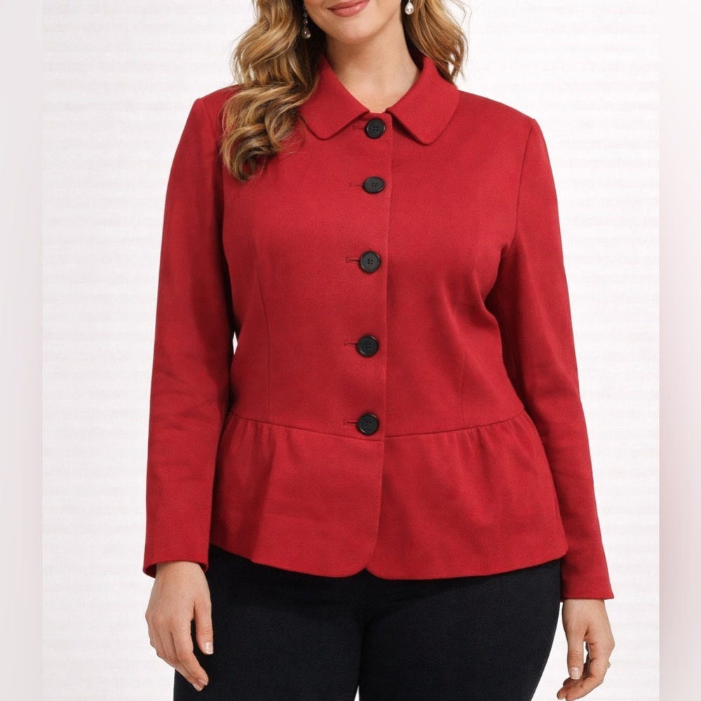 Alex Marie Suit Jacket Blazer 16 Cardinal Red Ruffled Black Button Stretch